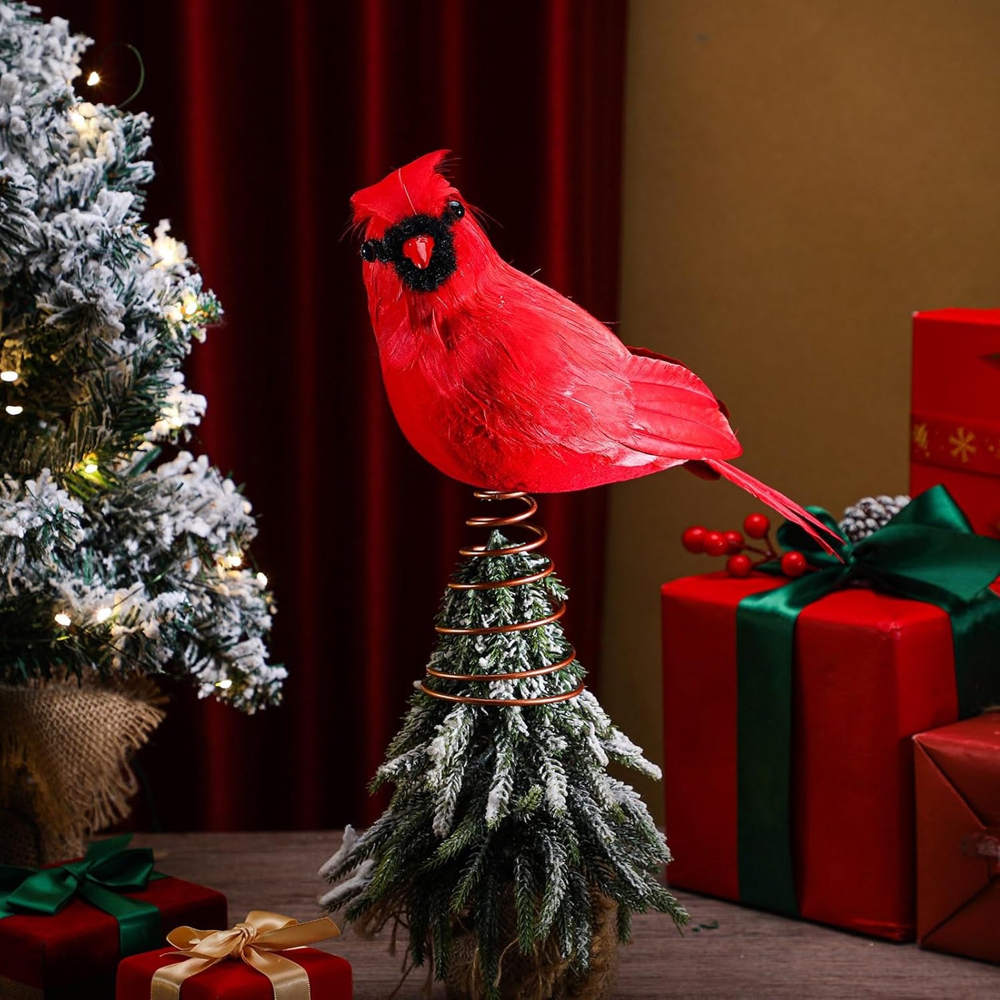 Retisee 11.8'' Cardinal Christmas Tree Topper Red Cardinal Christmas Tree Decoration Red Bird Christmas Tree Ornaments Artificial Feather Flocked Christmas Ornaments for Christmas Wedding Party Decor