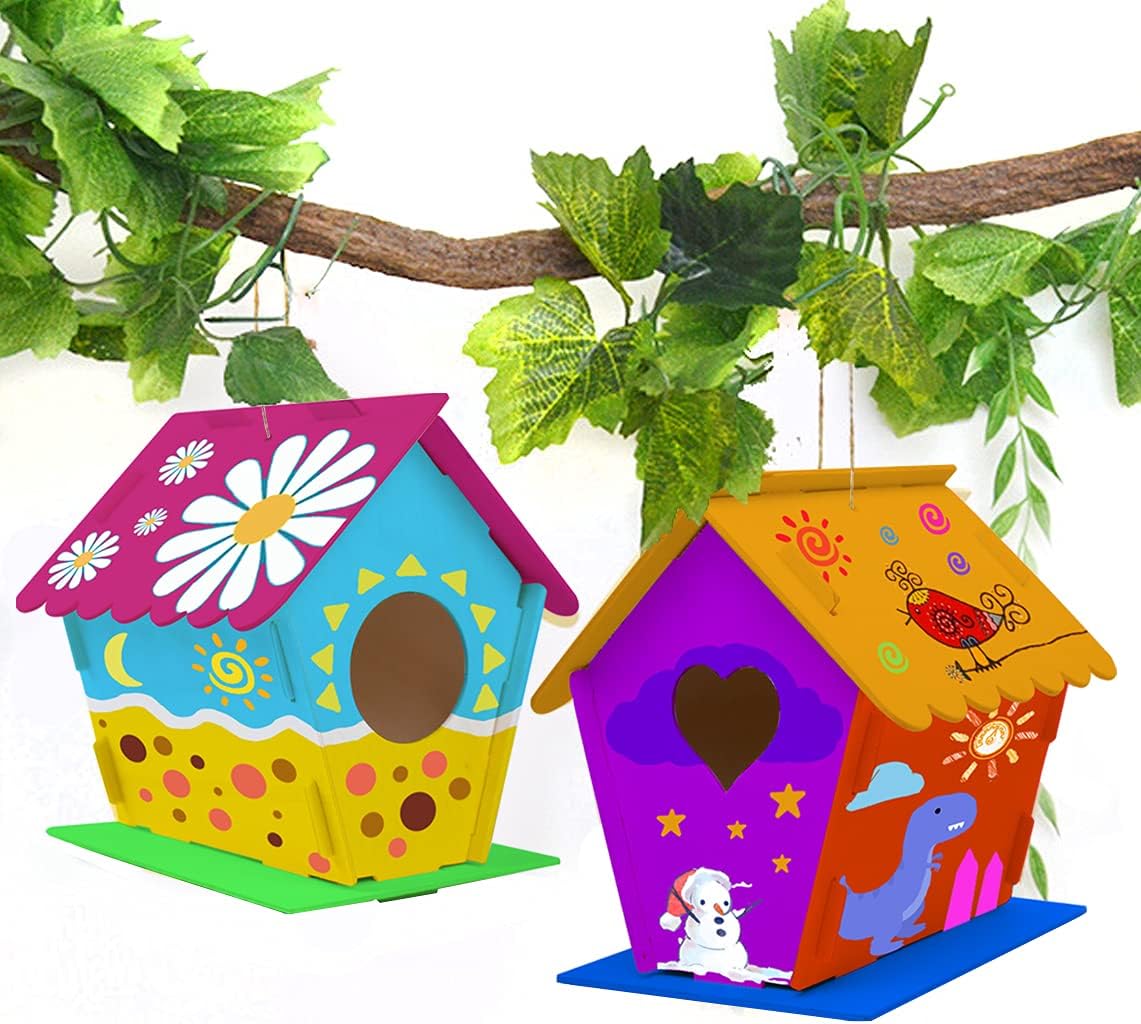 hapray 2 Pack Bird House Kit, DIY Birdhouse Kits, Wooden Crafts Arts for Children to Build and Paint (Includes Paints & Brushes) for Kids Girls Boys Toddlers Halloween Christmas Gifts