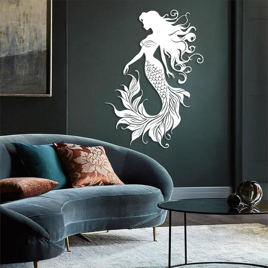 Veplsur Mermaid Metal Wall Art, Metal Mermaid Wall Decor, Marine Biology Wall Decor, Ocean Wall Art, Nautical Wall Hanging, Beach Hanging for Bathroom Bedroom (White, 48"x34"|121x86cm)