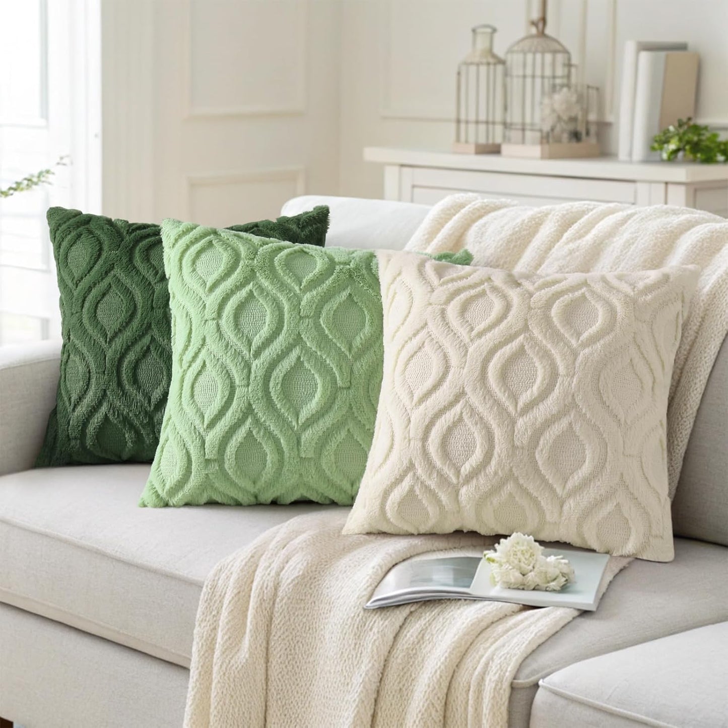 decorUhome Throw Pillow Covers 18x18 Inch Set of 2, Soft Plush Decorative Faux Fur Forest Elf Solid Couch Pillow Covers, Accent Farmhouse Neutral Square Euro Pillow Cases for Sofa Bed Living Room