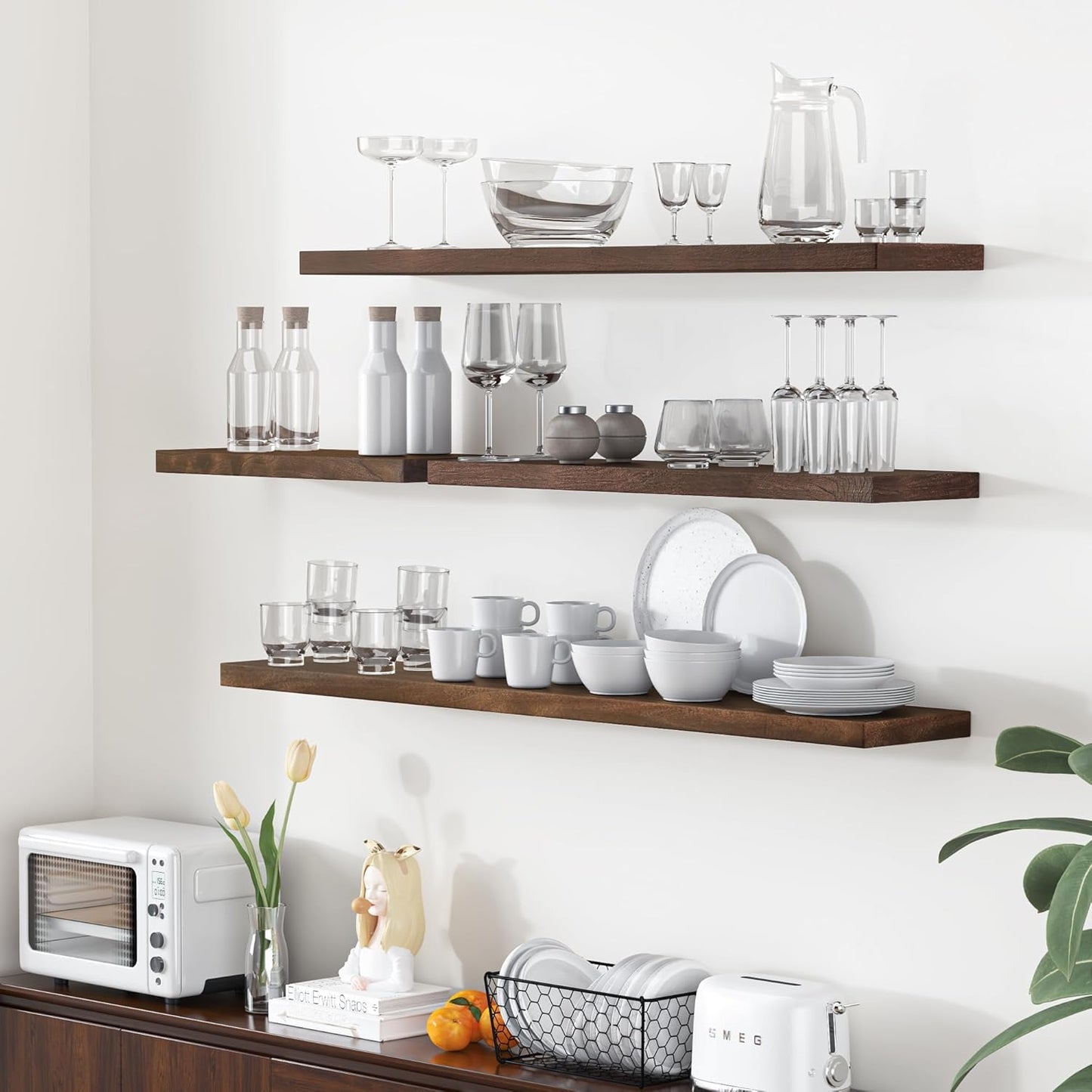 Fun Memories Floating Shelves for Wall, 24"x9.3" Rustic Solid Elm Wood Shelves, Heavy-Duty Wall Mounted Shelves with Invisible Brackets, Set of 2 for Living Room, Bedroom, Kitchen, Walnut Finish