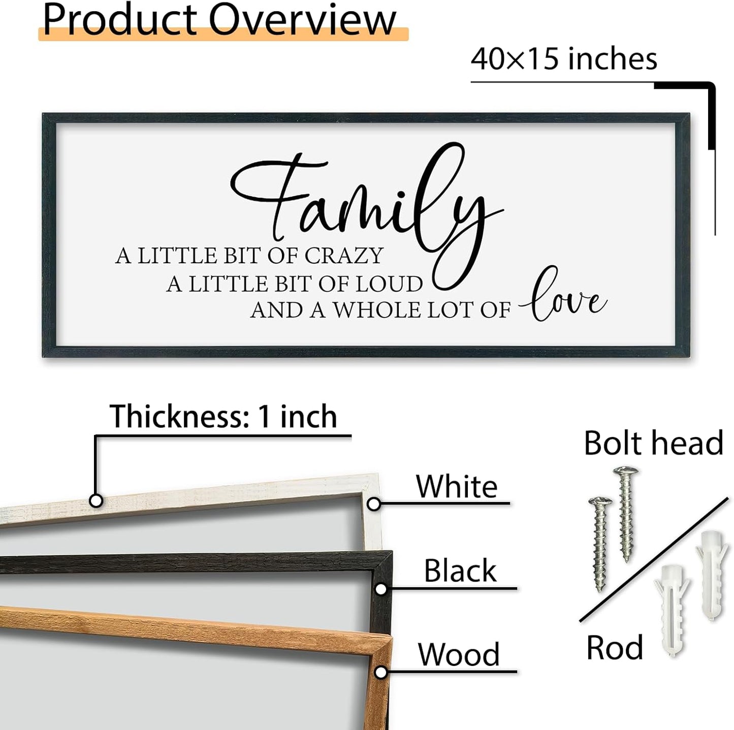 SRSZHIYUE Family A Little Bit Of Crazy Loud Sign Wall Decor Art 40"×15" Large Wood Framed Wall Hanging (Black)