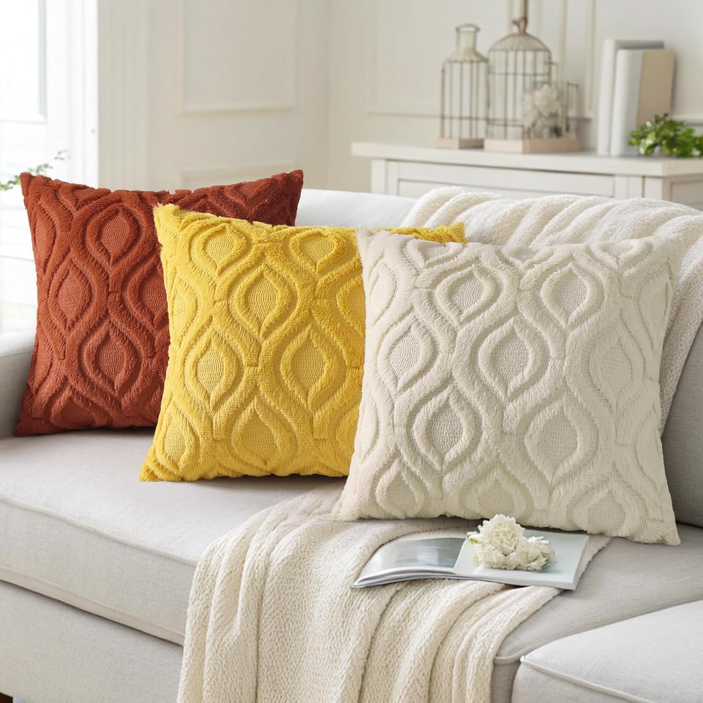 decorUhome Throw Pillow Covers 18x18 Inch Set of 2, Soft Plush Decorative Faux Fur Mustard Yellow Solid Couch Pillow Covers, Accent Farmhouse Neutral Square Euro Pillow Cases for Sofa Bed Living Room