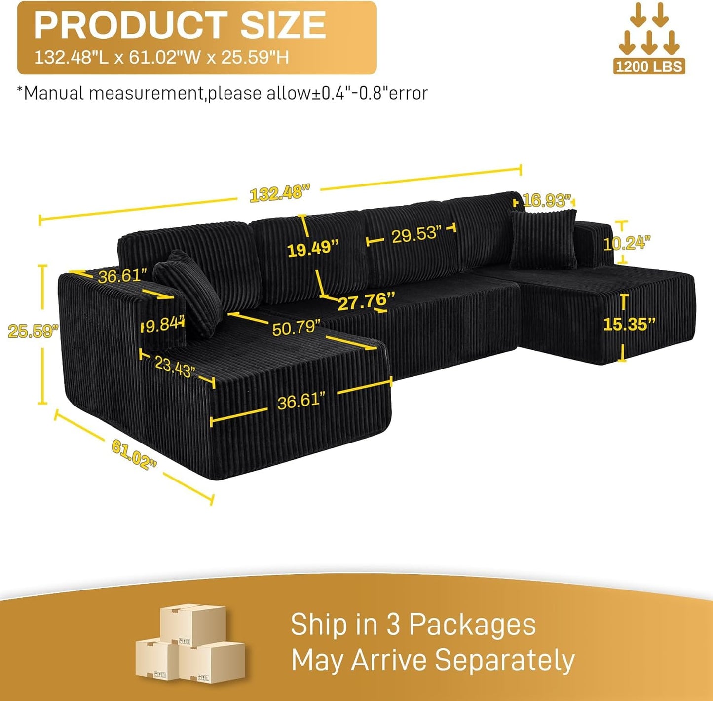 HYJT-H&K Modular Sectional Sofa Cloud Secttional Couch, 132" Comfy U Shaped Couches for Living Room, Deep Seat Memory Foam Fluffy Plush Corduroy Boneless Couch Sectionals with Chaise, Black