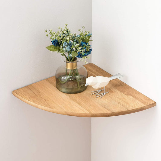 Corner Shelf, Solid Oak Wood Floating Corner Shelf Wall Mount Round End Floating Speaker Shelves with Wire Hole for Small Plant Photo for Bedroom Kitchen, Living Room
