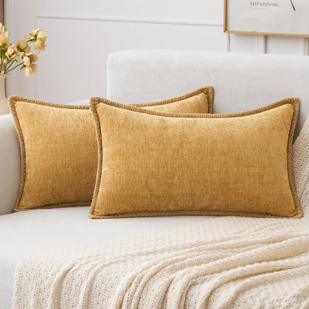 MIULEE Pack of 2 Couch Throw Pillow Covers 12x20 Inch Gold Farmhouse Decorative Pillow Covers with Stitched Edge Soft Chenille Solid Dyed Fall Pillow Covers for Sofa Bed Living Room