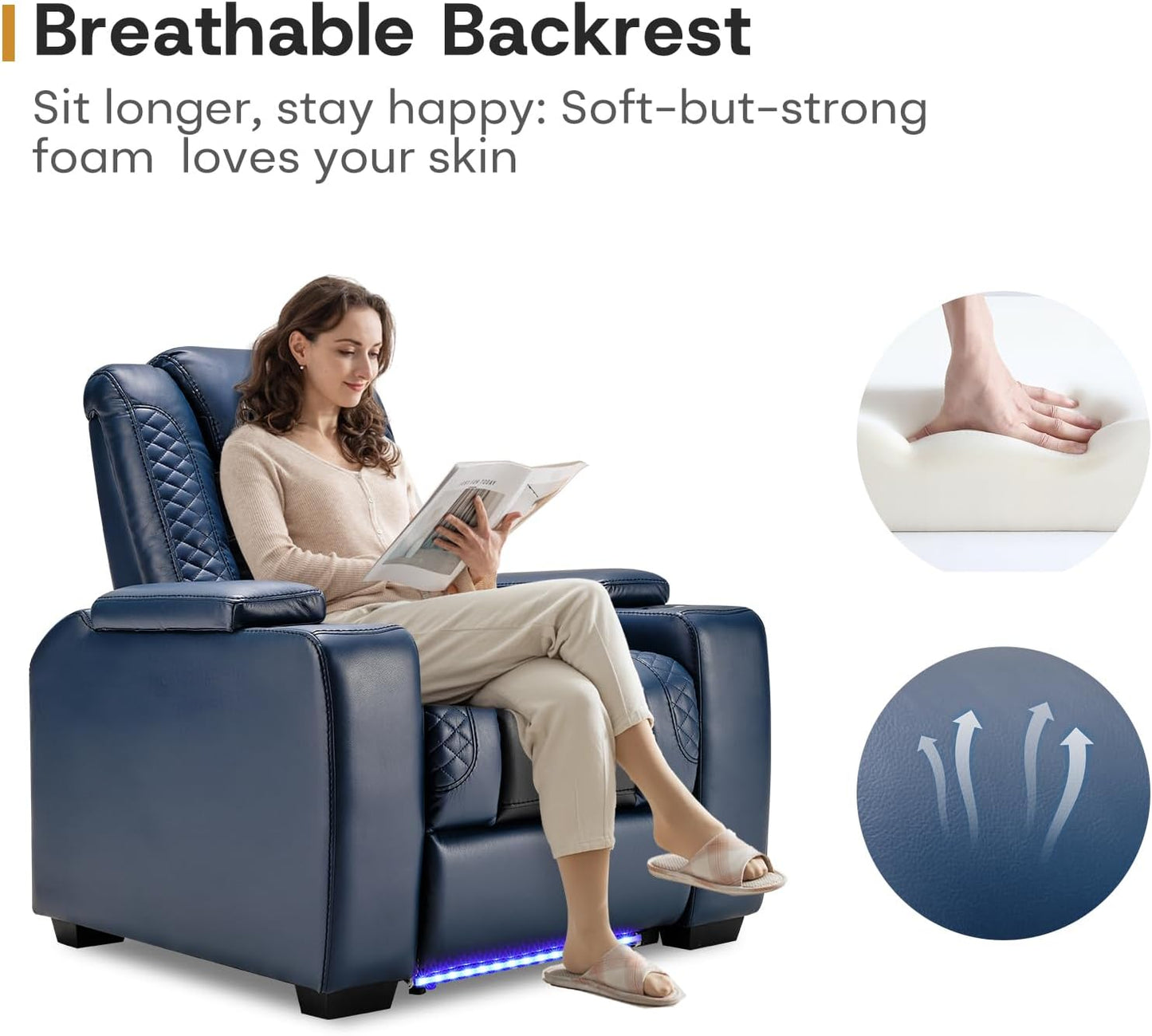 ANJ Power Home Theater Seating Set of 3, Blue Faux Leather Electric Recliner Chair with Powered Headrest, Dual Motors Movie Reclining Chairs with LED Lights,USB Port,Cup Holders, Hidden Arm Storage