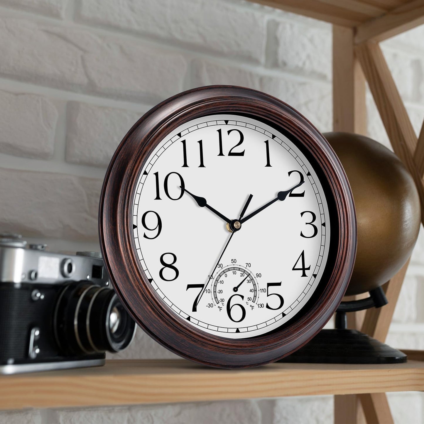 10 Inch Outdoor Wall Clock with Thermometers, Vintage Silent Wall Clocks Battery Operated, Retro Non-Ticking Clock Decorative for Living Room, Patio, Kitchen, Office, Bathroom, Bedroom(Bronze)