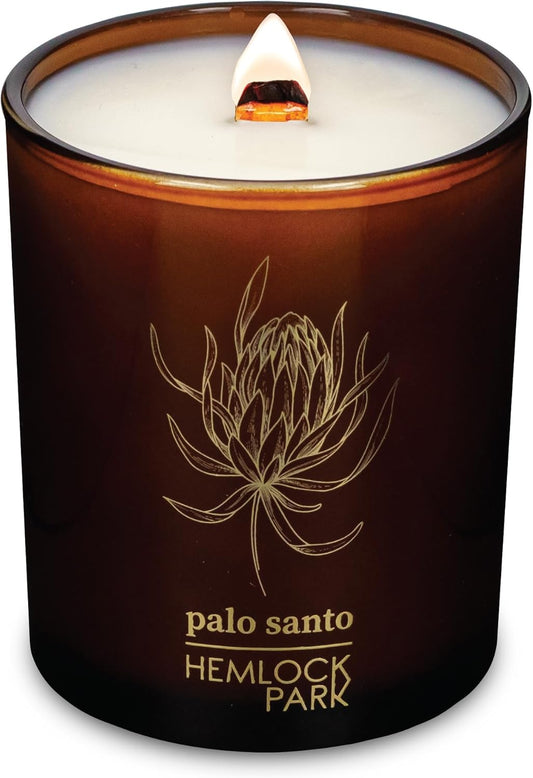 Hemlock Park Wood Wick Candle Handcrafted with Natural Coconut Wax and Essential Oils (Amber & Gold 7.2 oz, Palo Santo)