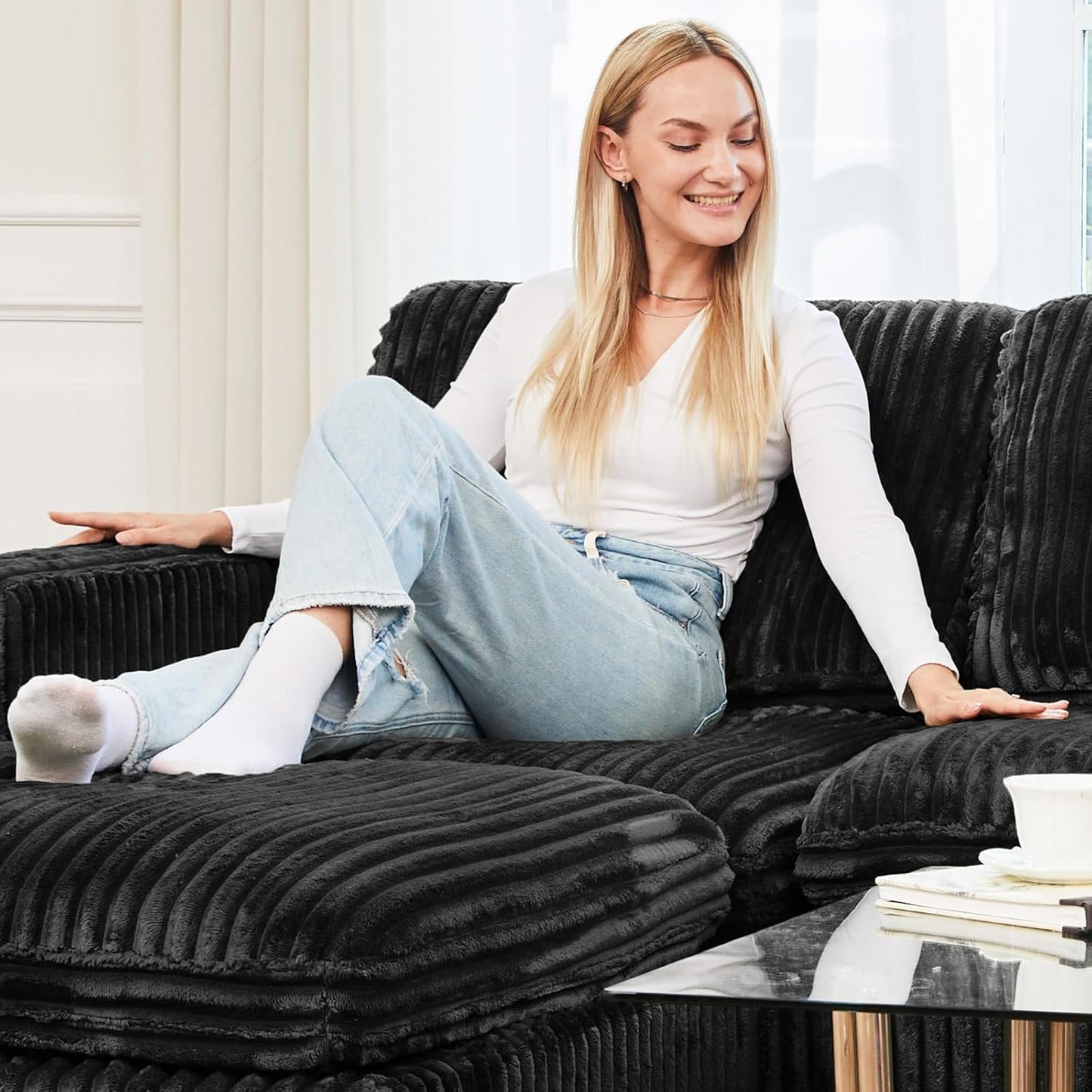 Belffin Modular Sectional Sofa with Storage Ottoman, Oversized Cloud Couch Sectional with Extra Deep Seat, Comfy 3 Seater Sectional Couches for Living Room, Plush Corduroy Black