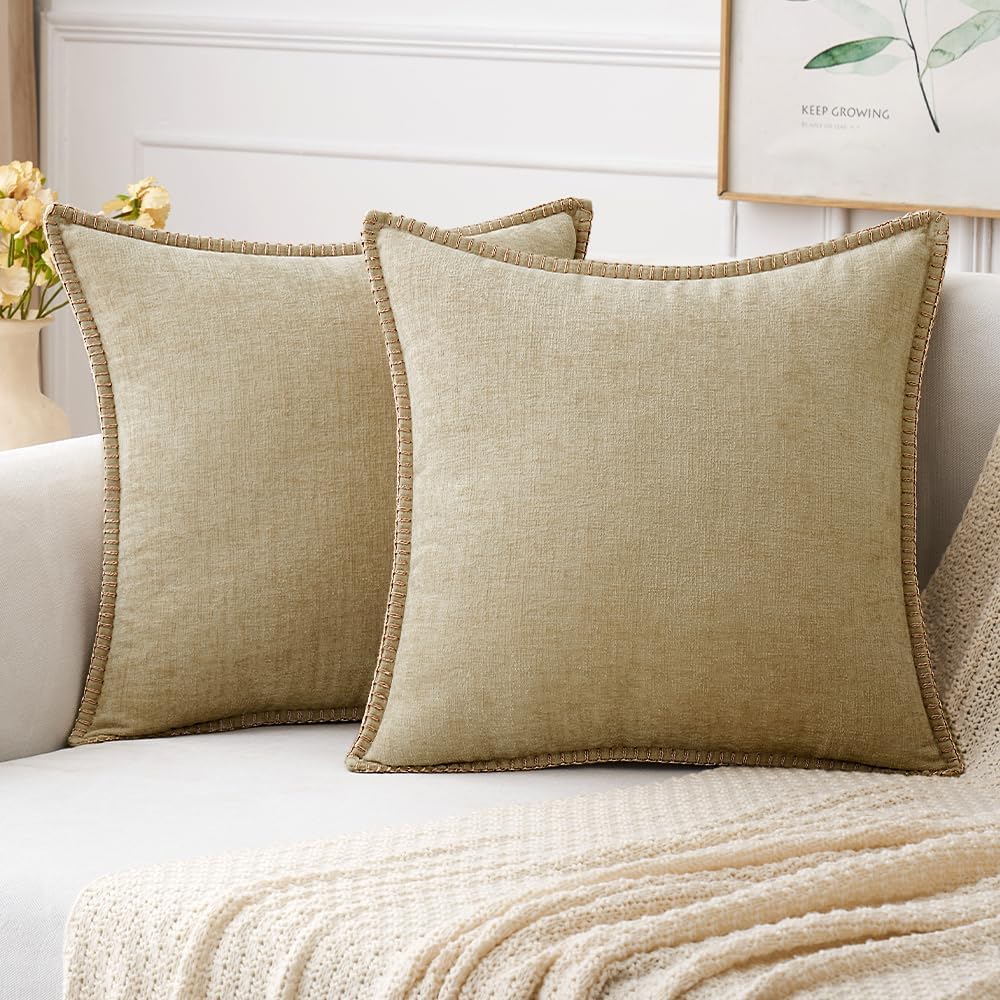 MIULEE Pack of 2 Couch Throw Pillow Covers 26x26 Inch Beige Farmhouse Decorative Pillow Covers with Stitched Edge Soft Chenille Solid Dyed Spring Pillow Covers for Sofa Bed Living Room
