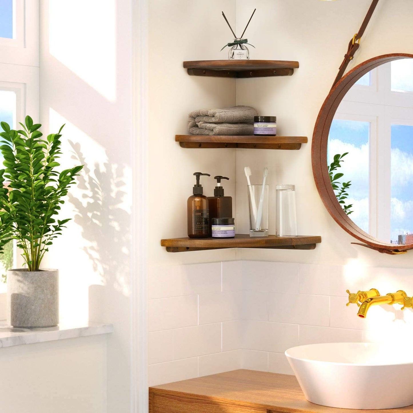 Corner Shelves, Floating Corner Shelf, Set of 3 Solid Oak Wood Corner Wall Shelves, Round End with Wire Hole Shelving for Small Plant for Bedroom Kitchen, Living Room (Size 9/10/12in)