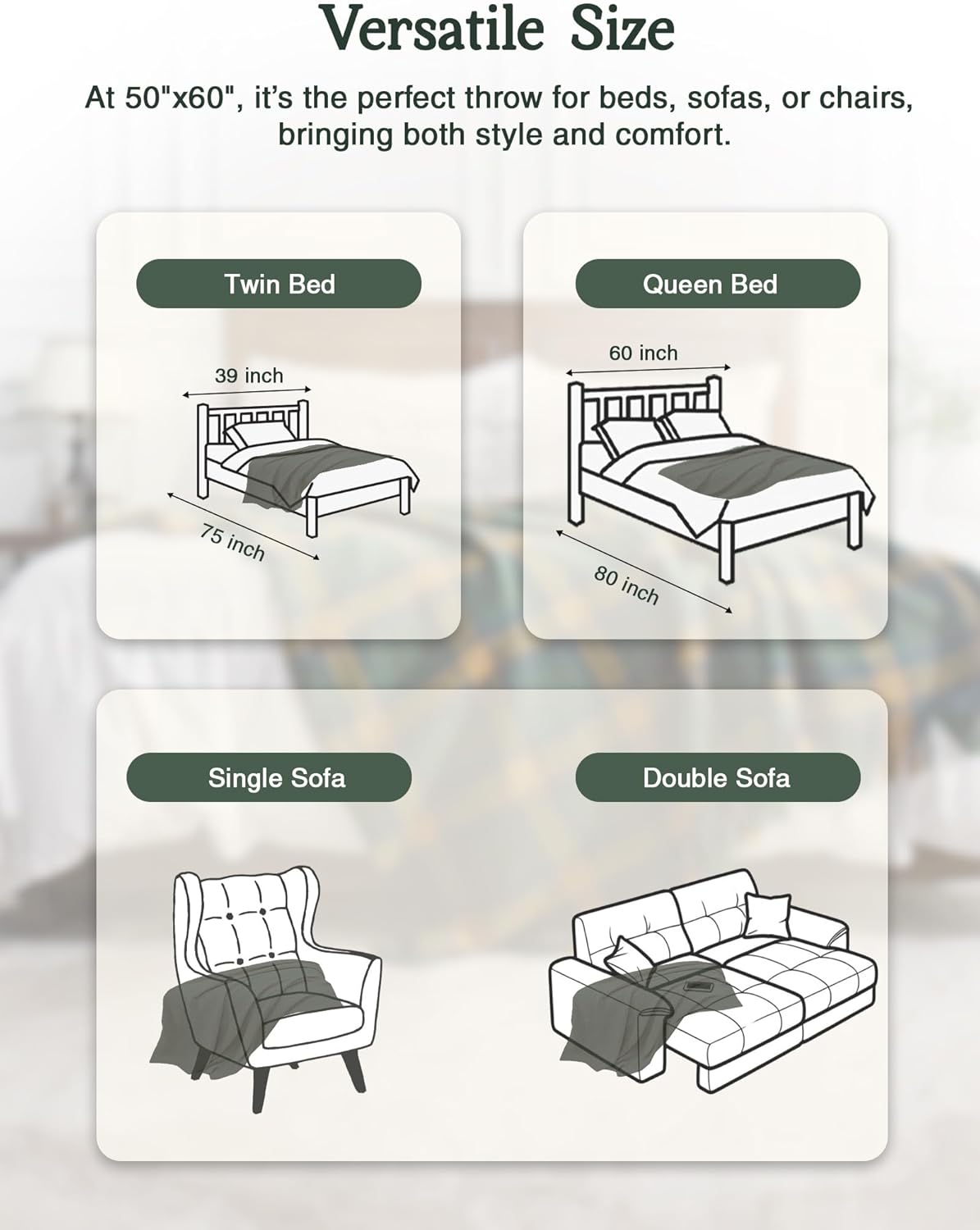 ZonLi Green Checkered Throw Blanket, 50" x 60" Christmas Decorative Blankets, Decorative Vintage Throws with Tassel for Couch, Bed, Sofa, Chair, Outdoor, Cozy Warm Lightweight Farmhouse Blankets