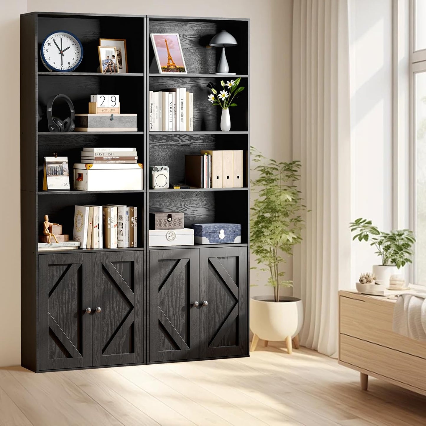 Tall Wooden Bookshelf with Cabinet and Doors – 70.86” Freestanding Tall Bookcase for Heavy Books, Living Room Storage, Home Office Shelf, Bedroom Organization – Vintage Black Wood Book Shelf