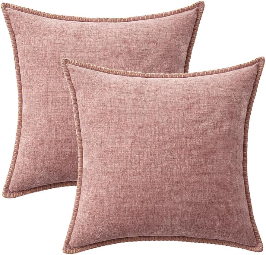 MIULEE Pack of 2 Couch Throw Pillow Covers 20x20 Inch Blush Pink Farmhouse Decorative Pillow Covers with Stitched Edge Soft Chenille Solid Dyed Spring Pillow Covers for Sofa Bed Living Room