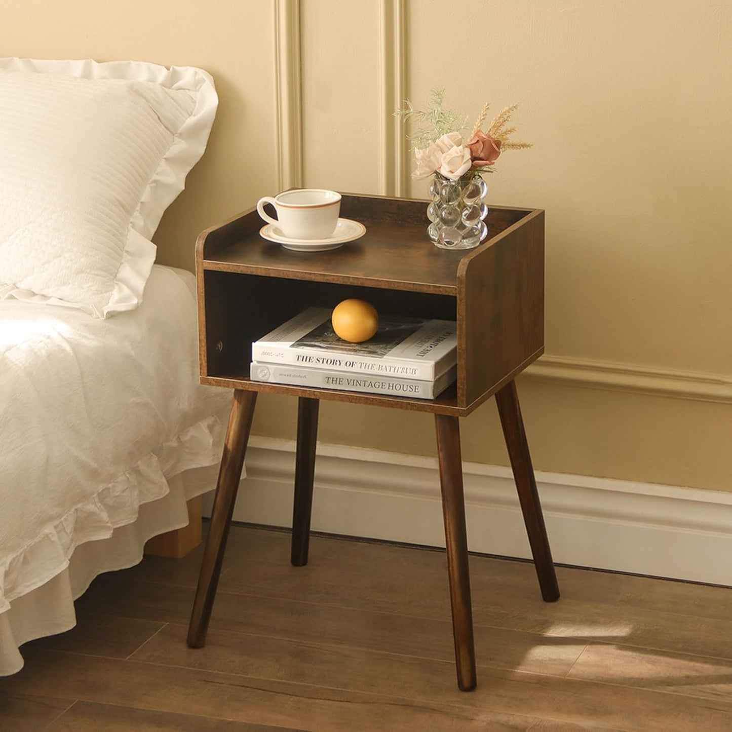 MaxSmeo Night Stand Set 2, Mid Century Modern Side Table Bedroom with Storage, Small End Bedside Table Set of 2 with Solid Wood Legs for Living Room, Office Small Spaces (Rustic Brown)