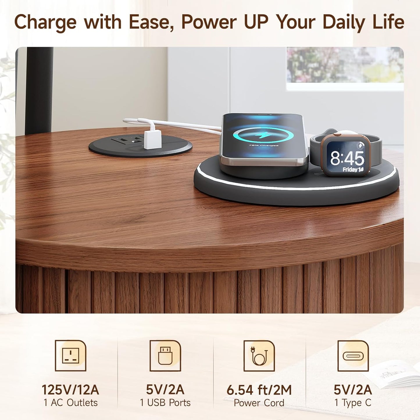 Round Side Table with Storage, Fluted Nightstand with Charging Station, Small Mid-Century Modern Bedside Tables, Walnut End Tables for Small Space Living Room Bedroom Sofa Couch