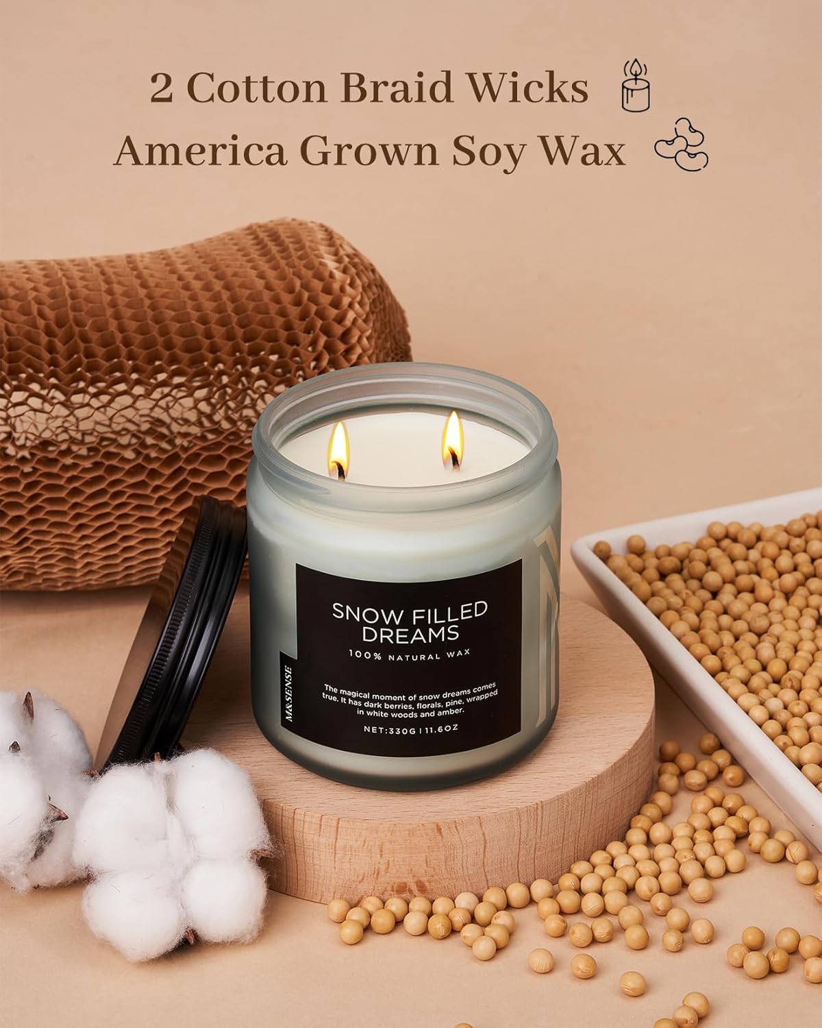 M&SENSE Snow Filled Dreams - Jasmine & Pine Scented Candle, 11.6oz Natural Soy Wax 70 Hours Long Lasting 2 Cotton Wick Aromatherapy Gifts for Home Decor, Winter Candle for Men and Women