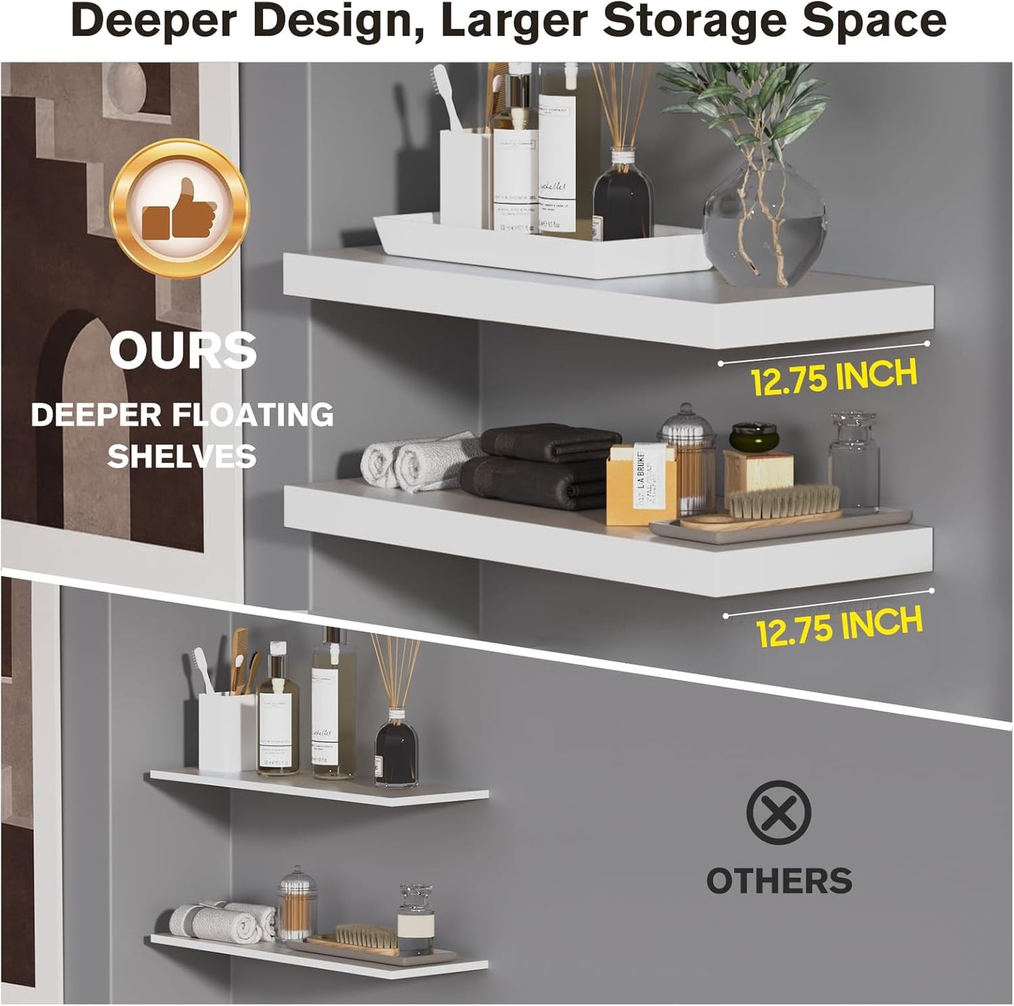 Large Floating Shelves for Wall Set of 2 Wooden Wall Shelves 30 in x 12.75 in x 2 in Room Decor Long Shelf with Invisible Wall Mount Bracket for Bedroom Kitchen Living Room White