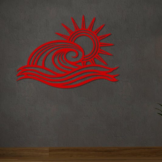 Wita Home Ocean Wave Metal Wall Art, Sun Beach Decor, Coastal Large Wall Sculpture for Home, Indoor/Outdoor Use, Nautical Wall Hanging, Eye-Catching Addition to Living Room (Red, 32 x 19 inches)