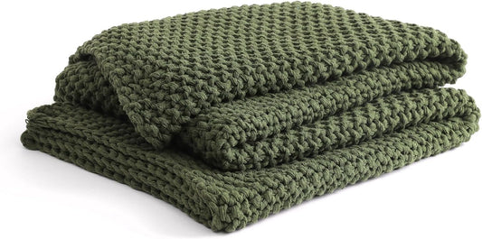 YnM Chunky Cotton Knit Throw Blanket, Cable Knit Throws for Bed Couch Sofa, Comfy & Relaxing, Decorative Piece for Farmhouse Modern Boho Rustic Scandinavian Chic Vibe, Pine Green 60x80 Inches