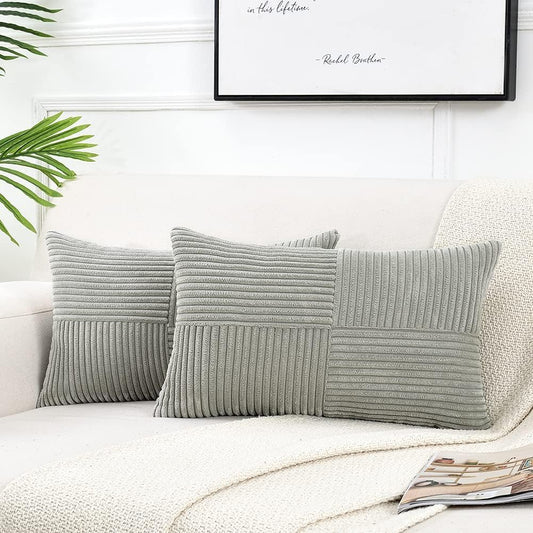 Fancy Homi 2 Packs Grey Lumbar Decorative Throw Pillow Covers 12x20 Inch for Living Room Couch Bed Sofa, Rustic Farmhouse Boho Home Decor, Soft Striped Corduroy Rectangle Accent Cushion Case 30x50 cm