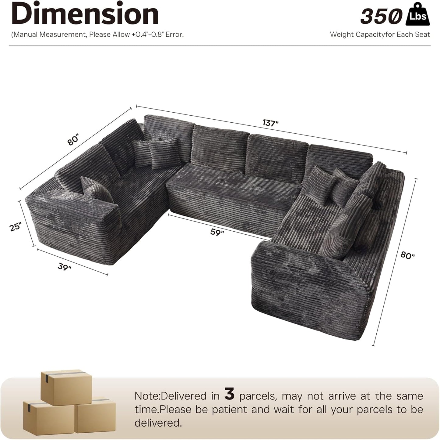 ovios Sectional Cloud Couch for Living Room, Modular Floor Sofa with Plush Corduroy, No Assembly Required, Big Comfy Couches Set with Fluffy Memory Foam, Stupendous U Shaped Sofas with Chaise, Black