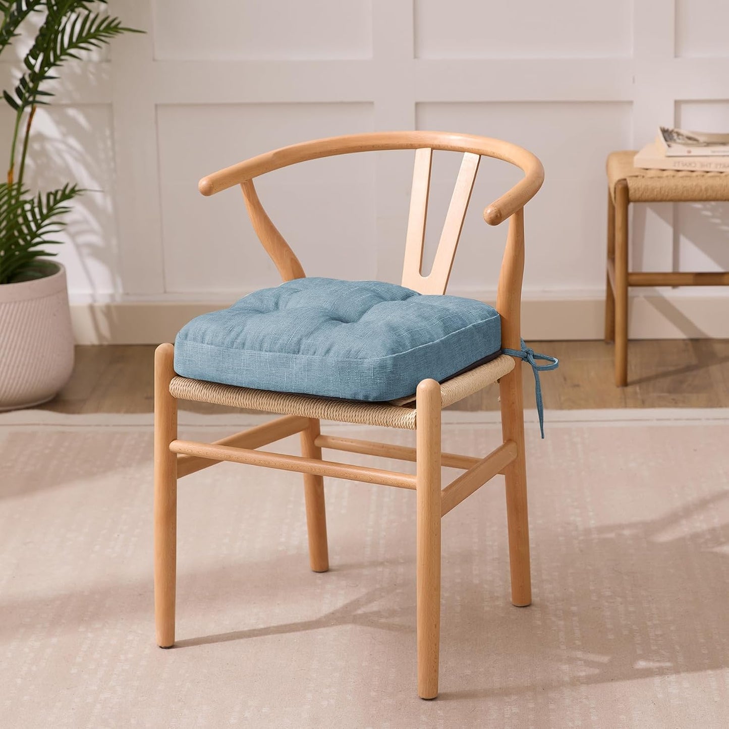 Chair Cushions for Dining Chairs, Dining Chair Cushions, Tufted Indoor Chair Pads with Ties & Non Slip Backing, Seat Cushions for Kitchen Chairs 16.5” x 16.5” x 3.5”, Set of 6, Light Blue