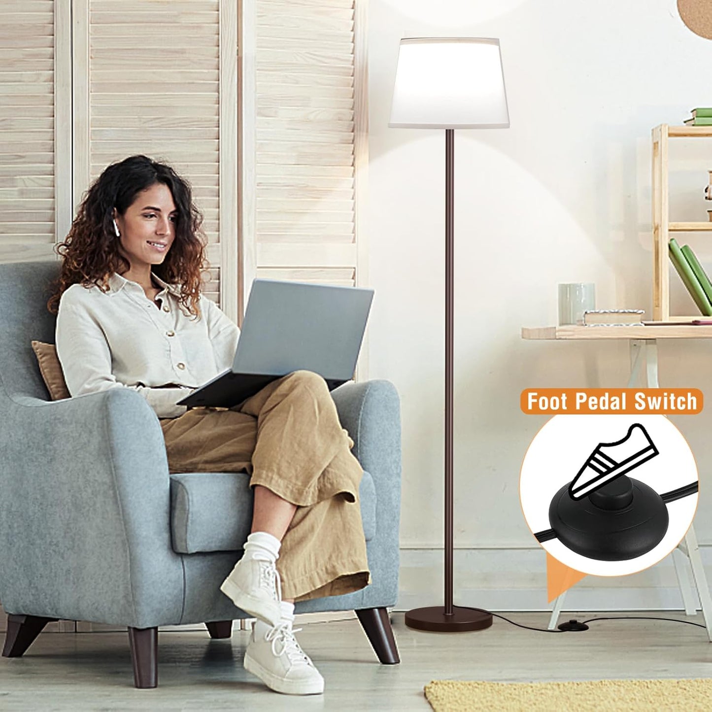 【Upgraded Floor Lamps for Living Room, Modern Floor Lamp with Remote Control, Dimmable Colors Temperature Standing Lamp Foot Switch, 9W Bulb Tall Lamps for Bedroom Office Kid Room - Brown