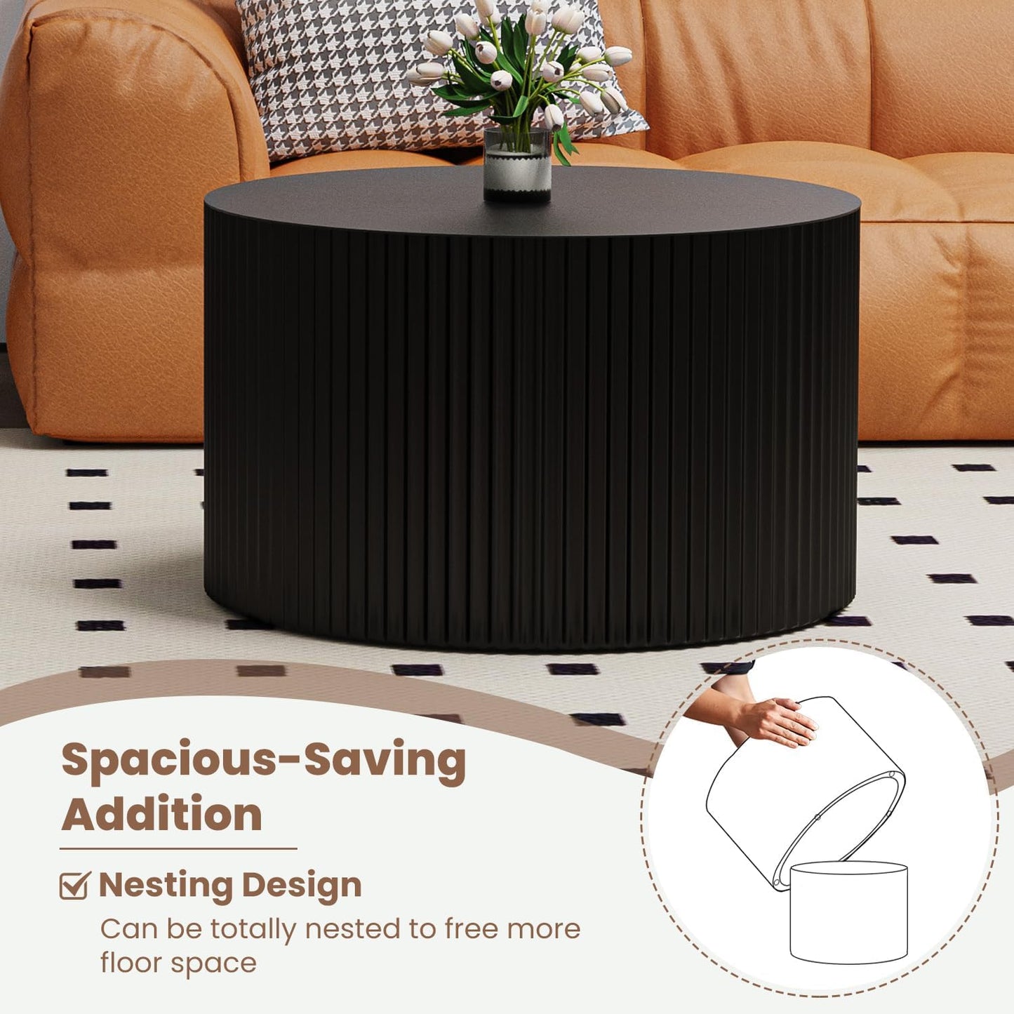 WXFKLDJ Round Nesting Coffee Table Set Cylindrical Wooden Coffee Table Sofa Center Table Circle Embossed Design Side Table for Living Room Apartment No Assembly (Round Black Small)