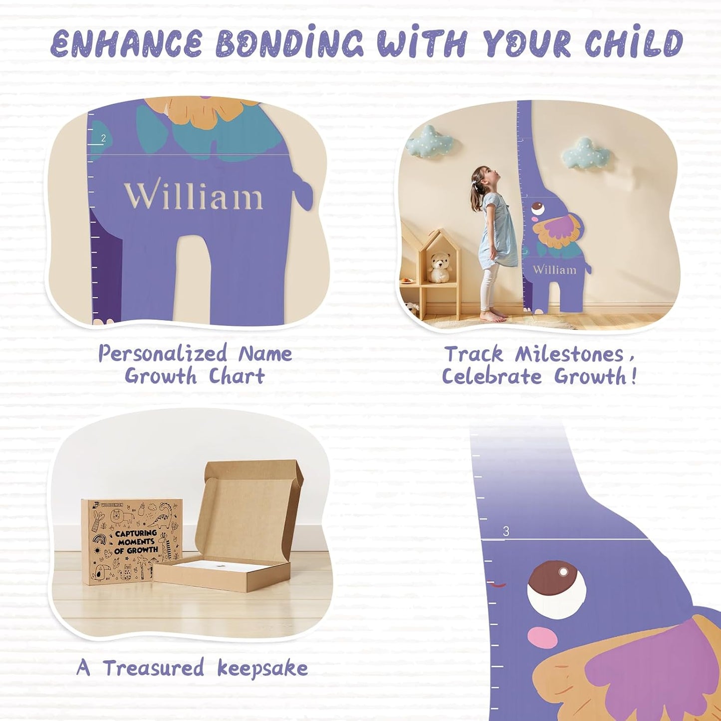 Personalized Name Growth Chart for Kids, Elephant Patchwork Wooden Height Chart for Wall Decor, Custom Height Ruler, Baby Boy Girl Measurement Ruler for Bedroom Playroom, Easy to Mark