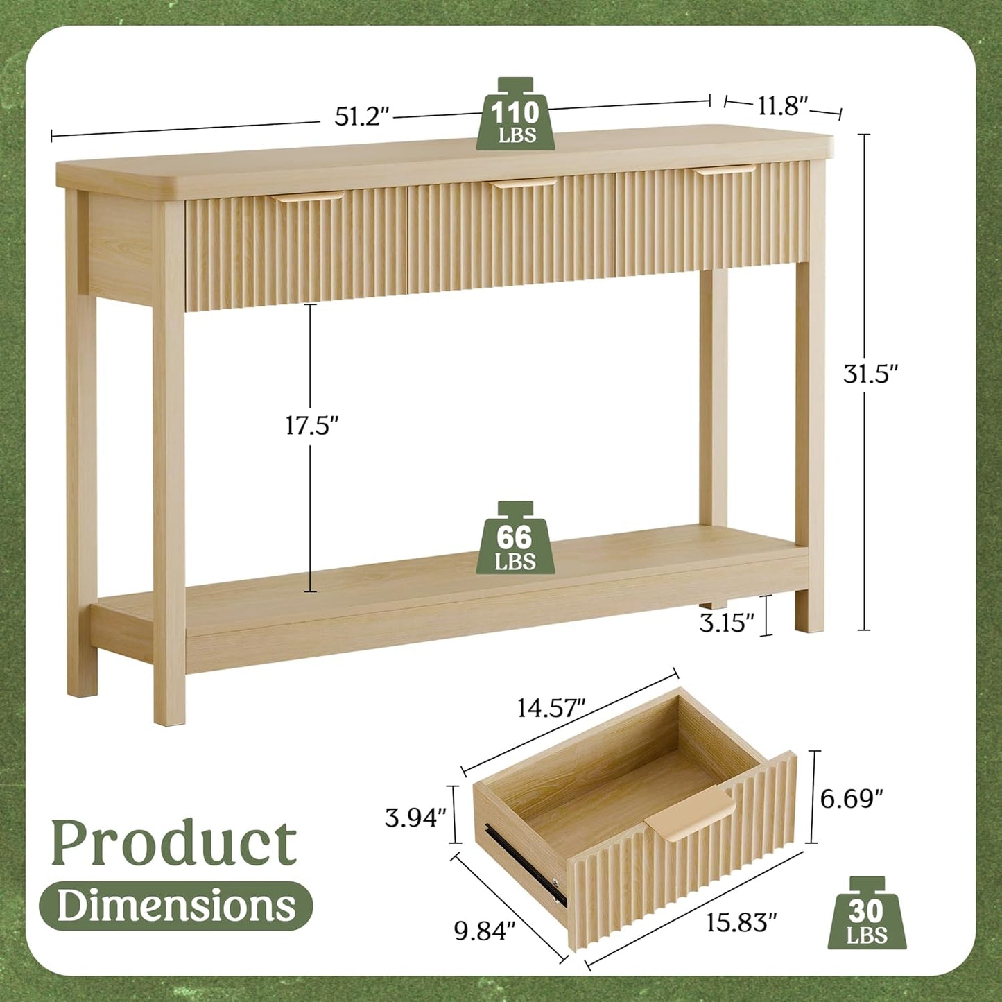 Lulive 51" Fluted Console Table for Entryway, Entryway Table with 3 Wooden Drawers, Farmhouse Behind Sofa Table for Living Room, Hallway, Couch, Foyer