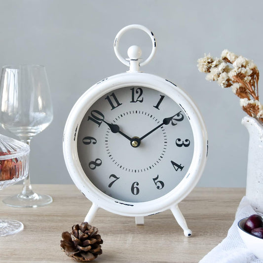 Vintage Rustic White Table Clock on Stand, Decorative Desk & Shelf Clock, Rustic Mantel Farmhouse Non-Ticking