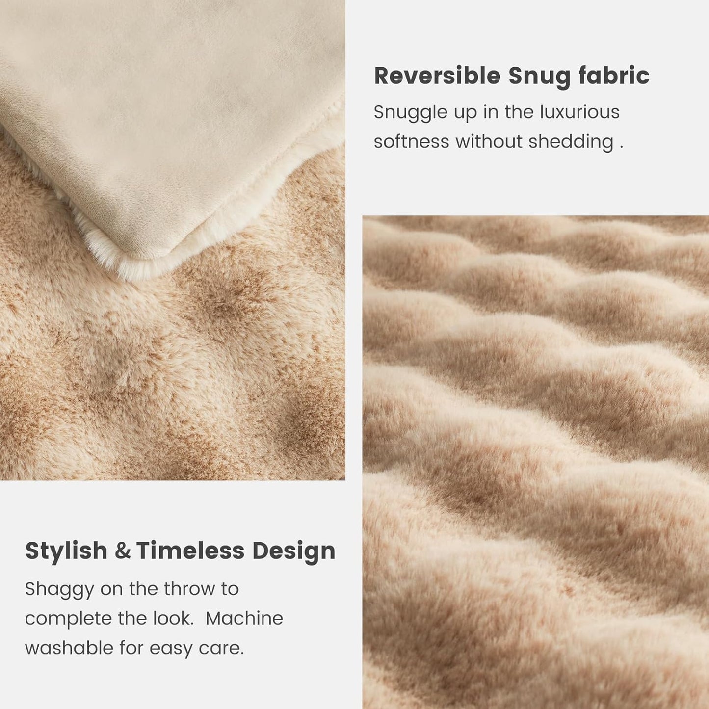 Cozy Bliss Faux Fur Throw Blanket for Couch, Fuzzy Soft Plush Thick Bubble Blanket for Sofa Bedroom Living Room, 60 * 80 Inches Beige