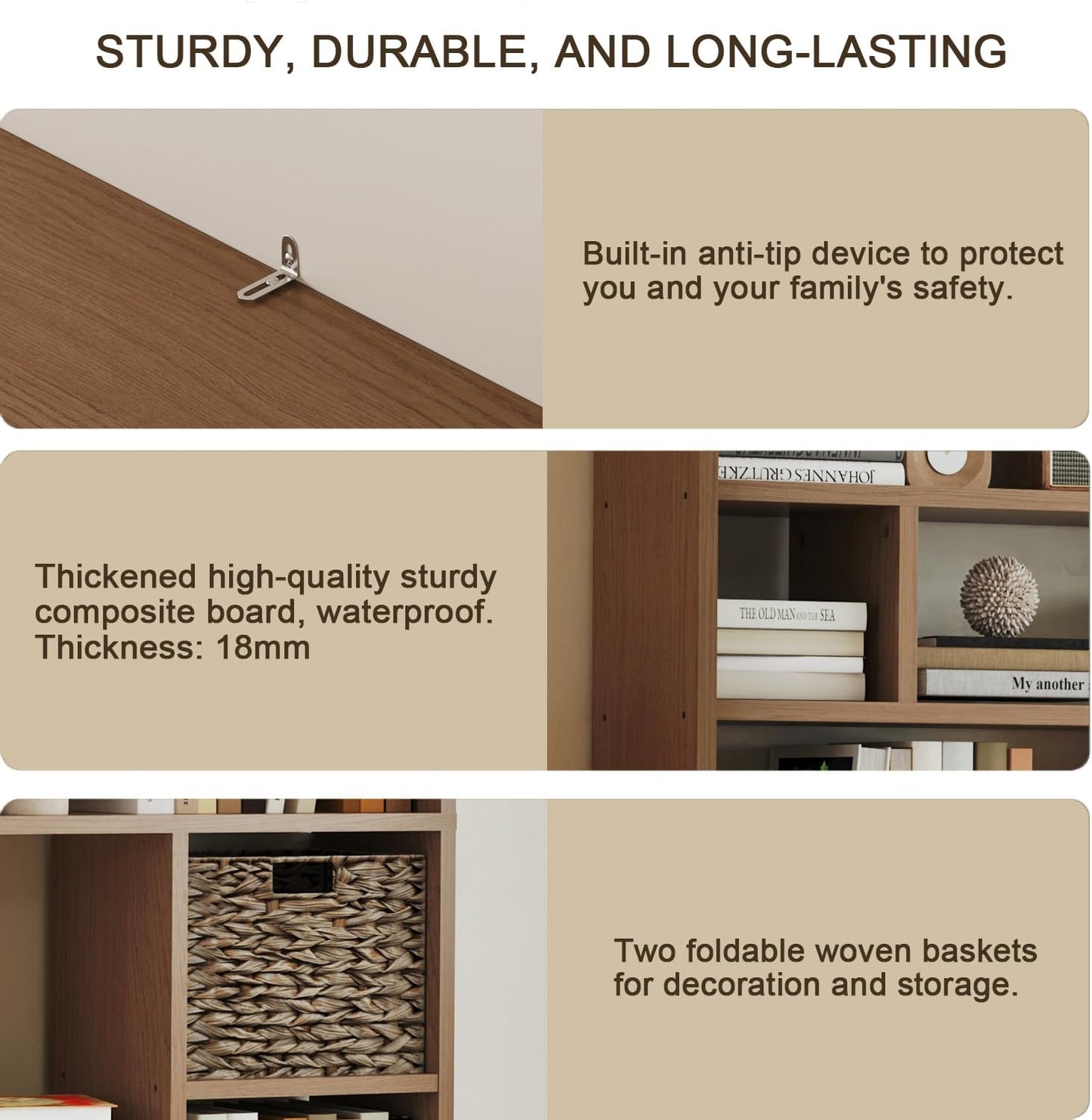 6-Tier Large Open Bookcase 71” Tall Sturdy Wooden Bookshelf with Baskets,Modern Style 16-Cube Home Display Shelf for Bedroom, Living Room（Oak Color）