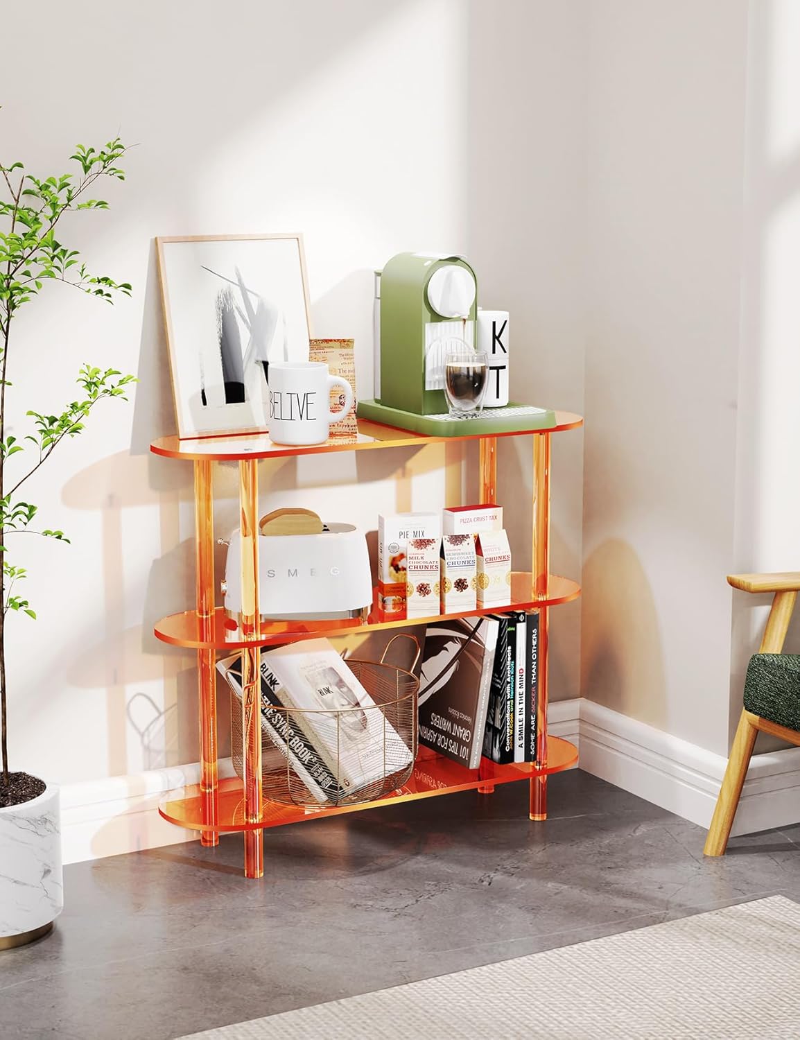 Clear Bookshelf, Acrylic Bookcase with Open Book Shelf for Office Living Room Bedroom (3 Tier Orange)