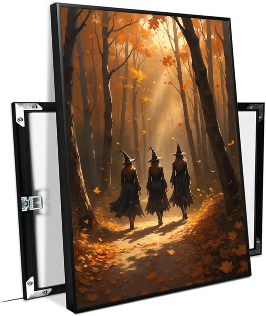 JFHCQJPK Three witches walking in the forest in autumn canvas painting gothic poster halloween print country witch wall art for home decoration8x12in Metal blackFramed