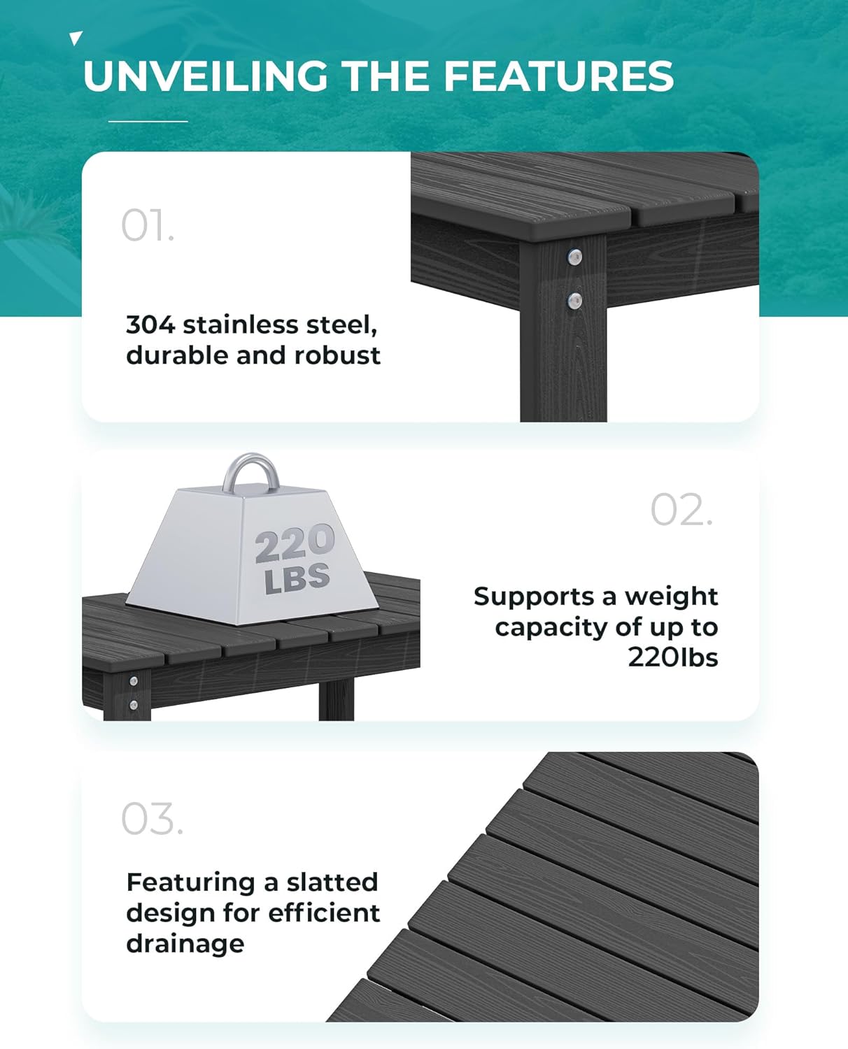 SERWALL Outdoor Coffee Table, HDPE Patio Coffee Table for Outside, Rectangle, Black