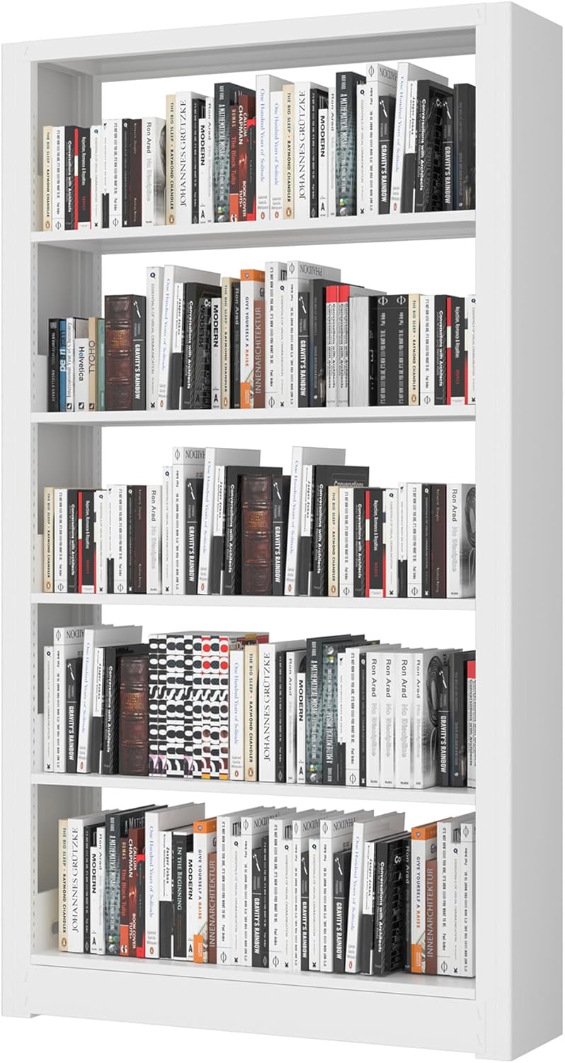 Heavy Duty Metal Bookshelf, 5 Shelf Adjustable Bookcase, 69’’ Tall Modern Bookshelves, Open Book Shelf Organizer, Large Sturdy Book Case for Living Room, Library, Office, White Book Shelf