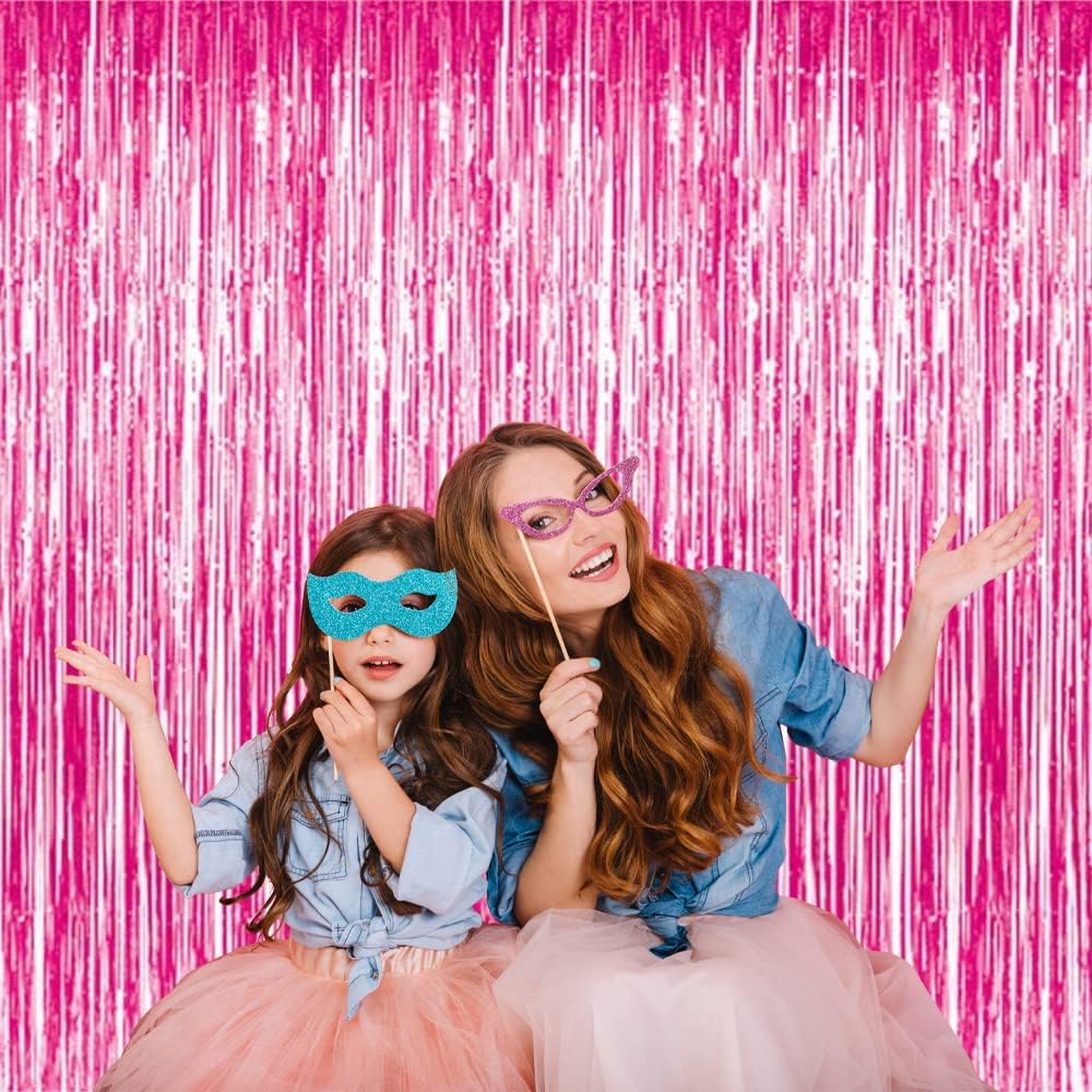 GOER 3.2 ft x 8.2 ft Metallic Tinsel Foil Fringe Curtains Party Photo Backdrop Party Streamers for Galentines Day,Birthday,Graduation,New Year Eve Decorations Wedding Decor (5 Packs,Hot Pink)