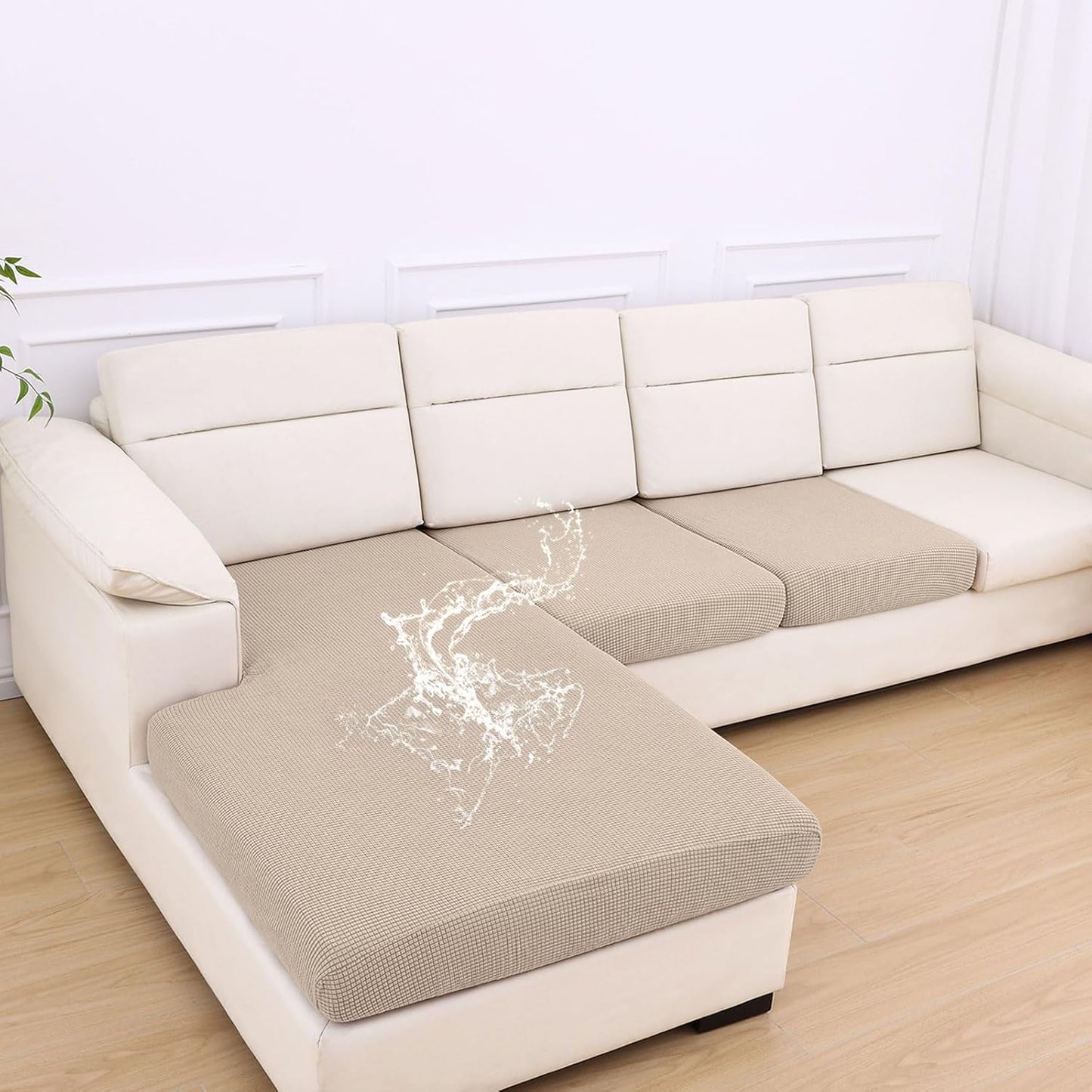 hyha Waterproof Couch Cushion Covers for Pets, Non Slip Sofa Seat Cover for Dogs Washable, Soft Thick Stretch Jacquard Fabric, Sofa Slipcovers with Elastic Bottom (1 Chaise+2 Seater, Taupe)