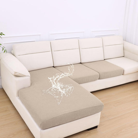 hyha Waterproof Couch Cushion Covers for Pets, Non Slip Sofa Seat Cover for Dogs Washable, Soft Thick Stretch Jacquard Fabric, Sofa Slipcovers with Elastic Bottom (1 Chaise+2 Seater, Taupe)