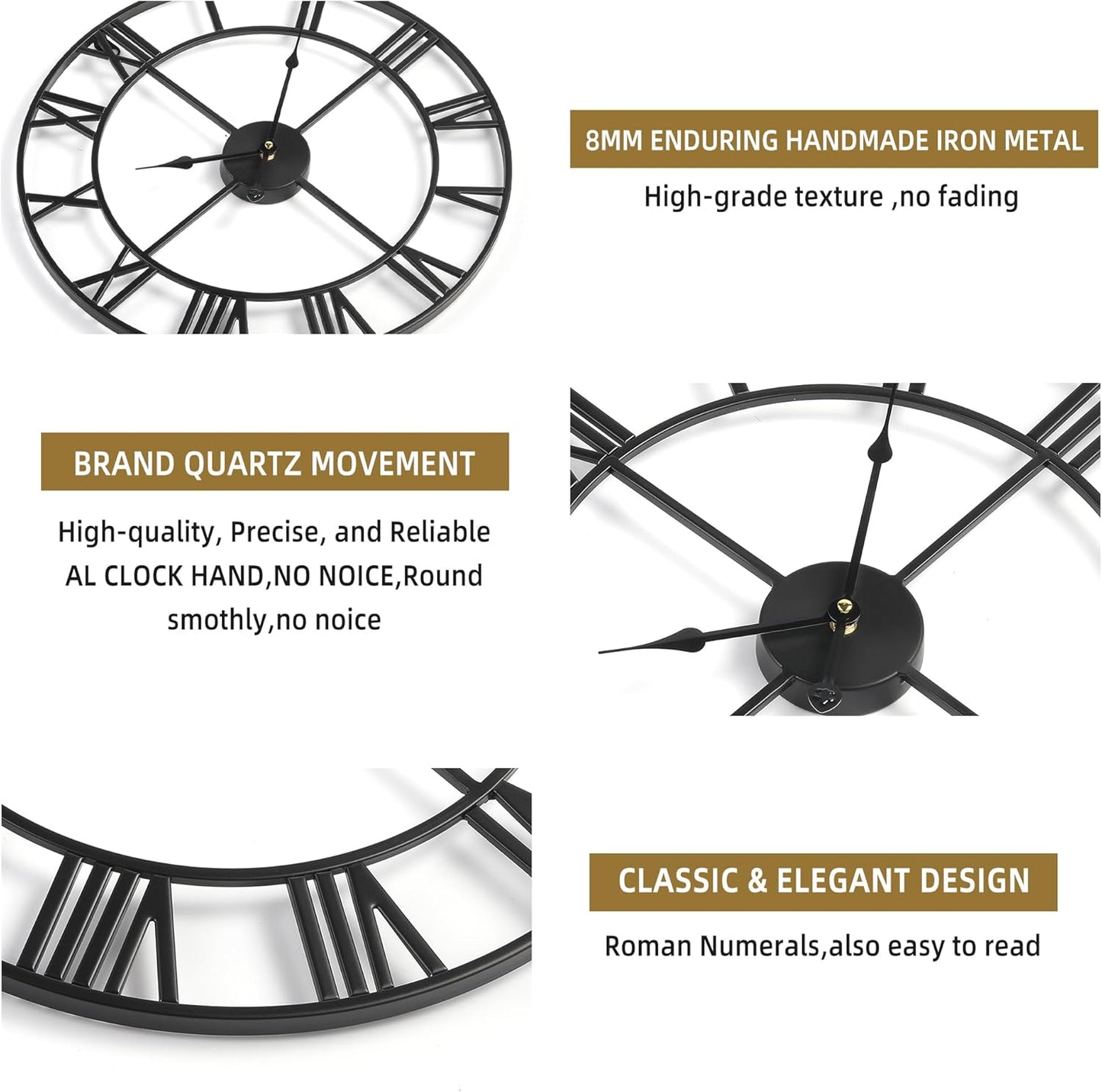 Large Wall Clock for Living Room Decor - 47cm/ 18 Inches Silent Non-Ticking Metal Wall Clocks Battery Operated, Vintage Decorative Modern Wall Clock for Bedroom, Office, Farmhouse Decor