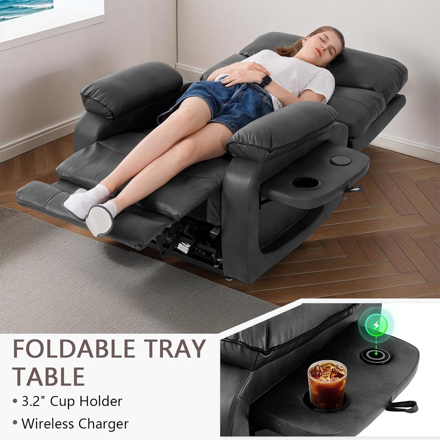 Dual Motor Power Lift Recliner Chair for Adult & Elderly, Infinite Position Lay Flat Lift Chair with Heat & Massage, Cup Holder, Lumbar Pillow, Wireless Charger, USB Ports, Leather (Silver Grey)