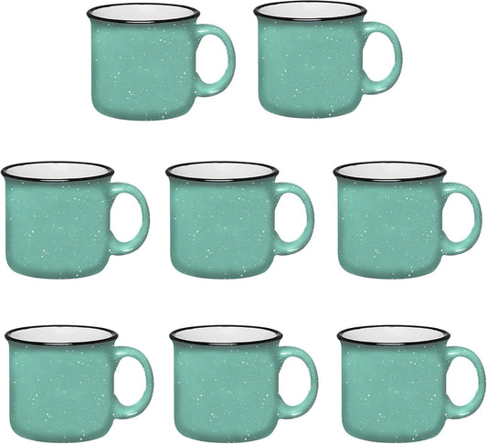 Set of 8 Ceramic Campfire Mugs – 15 Oz, Teal – Coffee & Tea Cups for Home, Work, Travel, Camping – Customizable, Great for DIY, Events, Companies