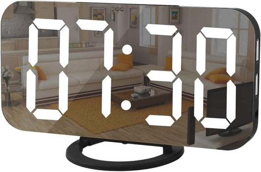 Digital Clock Large Display, LED Alarm Electric Clocks Mirror Surface for Makeup with Diming Mode, 3 Levels Brightness, Dual USB Ports Modern Decoration for Home Bedroom Decor-Black
