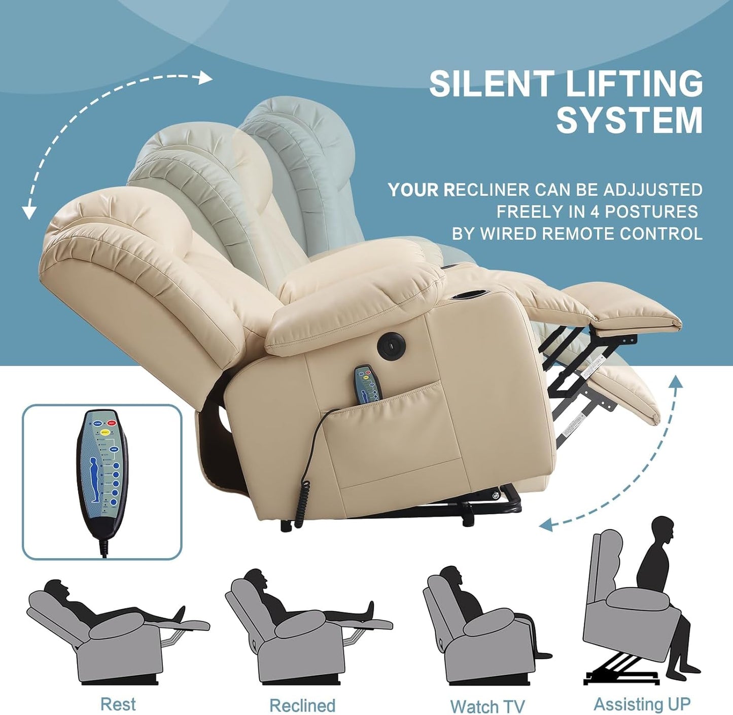 PARKOL Power Lift Recliner Chair for Elderly Breathable Leather Recliner Chair with Massage and Heat,2 Cup Holders,Electric Stand Assist,USB Ports,Gifts for Family (Grey)