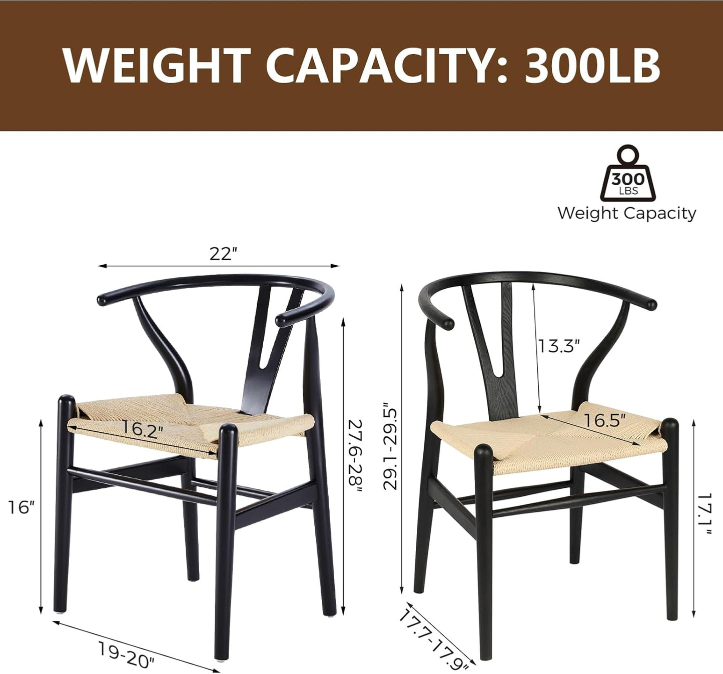 Wishbone Chair Natural Solid Wood Dining Chair/Hans Vegner Y Chair Rattan and Wood Accent Armrest Chairs Set of 2 (Ash Wood - Black + Natural Cord 2 Chairs)