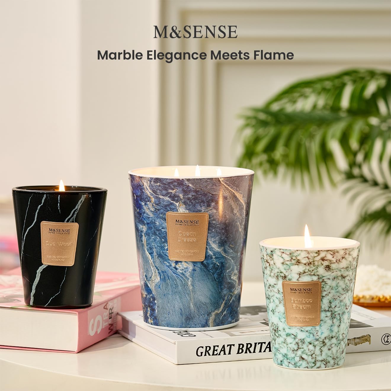 M&SENSE BambooStream Scented Candles for Home, 3-Wick Highly Scented Jar Candles, Extra Large Candle 35 Oz 150 Hours Long Lasting Burning, Relaxing Aromatherapy Candle for Stress Relief, Meditation