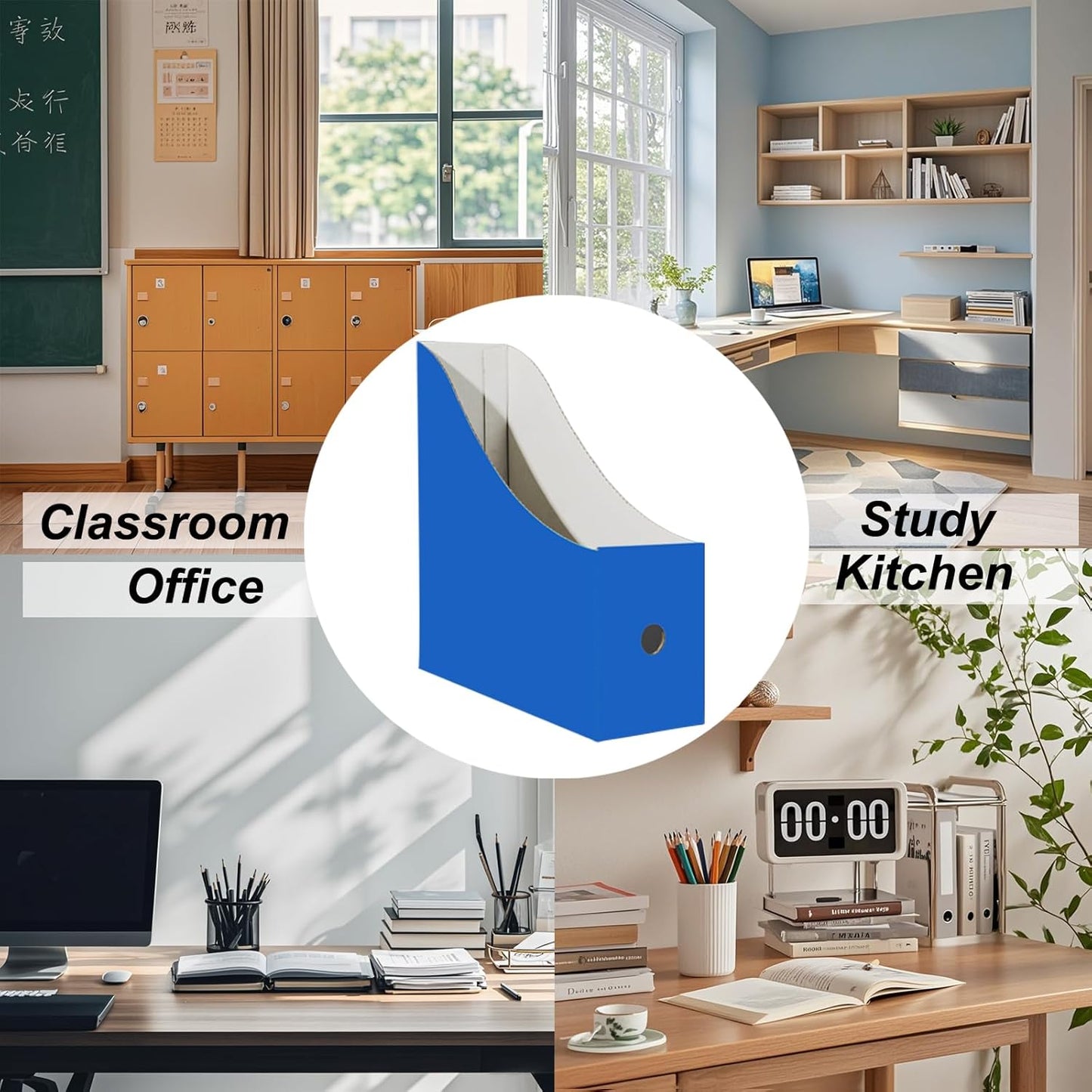 24 Pack Cardboard Magazine File Holder for Desktop ，Blue Book Bins for Classroom Library, Office or Home, Vertical Paper Boxes for Storage with Label(10.6" H x 10.2" L x 3.5" W in)